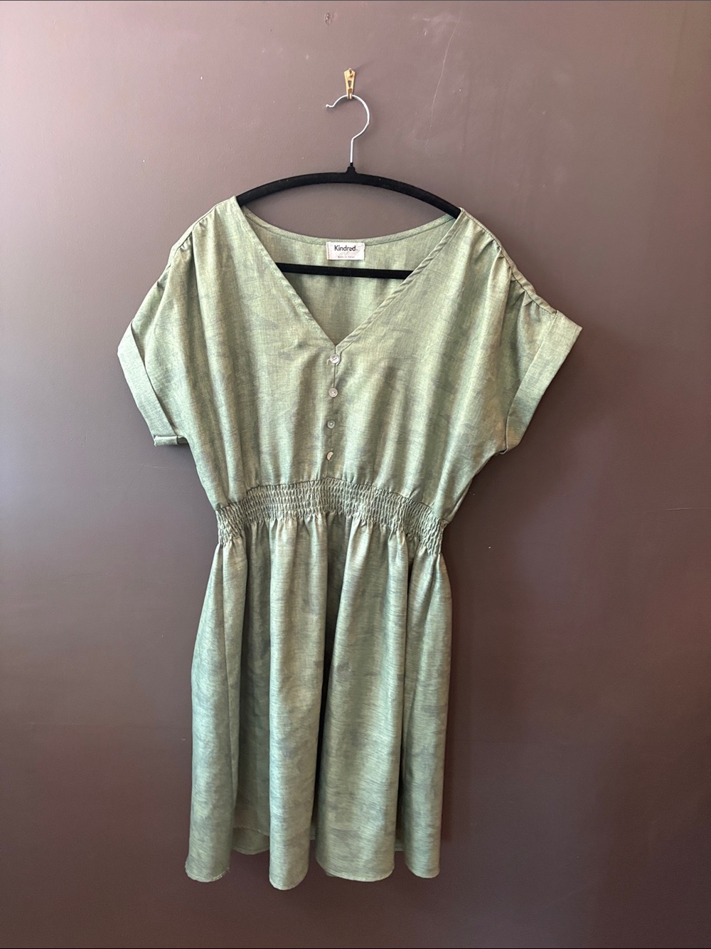 Knoted Olive V-Neck Smocked Waist Mini Dress